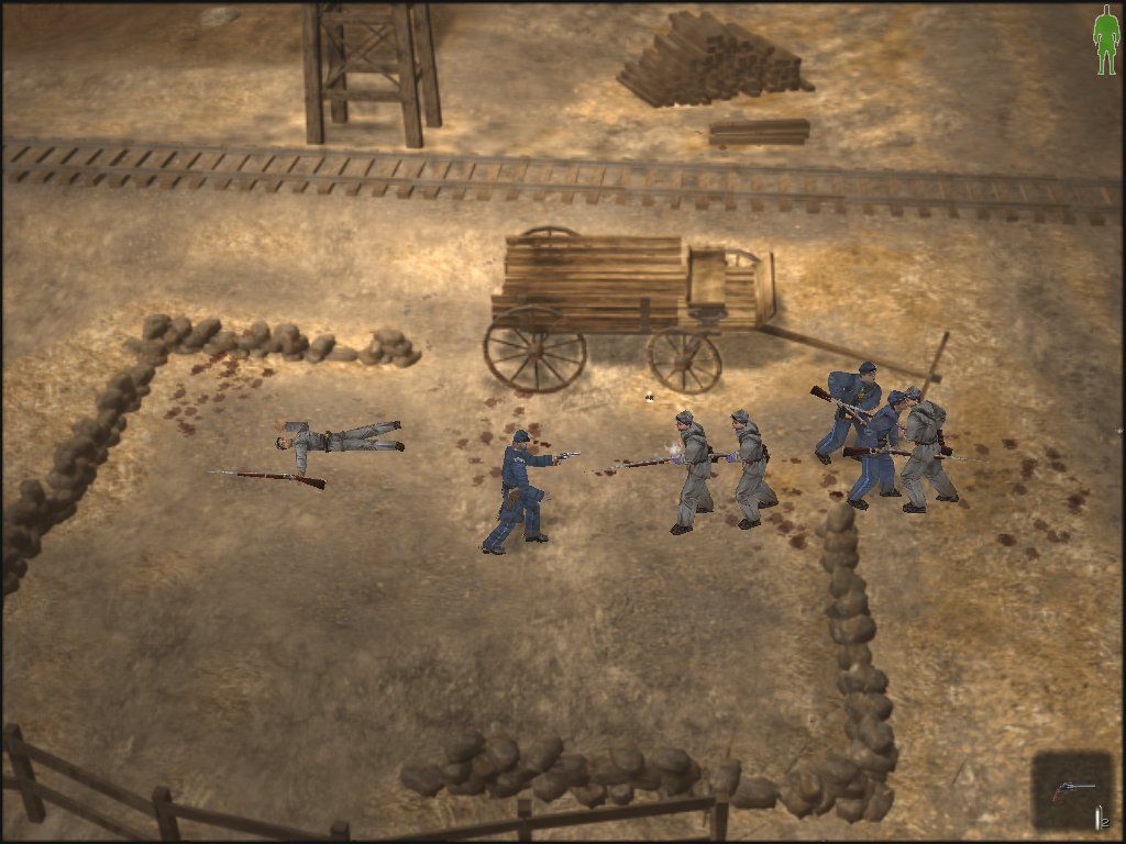 Blair Witch: Volume II - The Legend of Coffin Rock (Windows) screenshot: Captain McNichol's men help him battle the Confederate soldiers at the railroad crossing