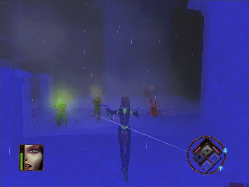 BloodRayne (Windows) screenshot: "Aura sense" is a combination of night vision and opponent health perception.