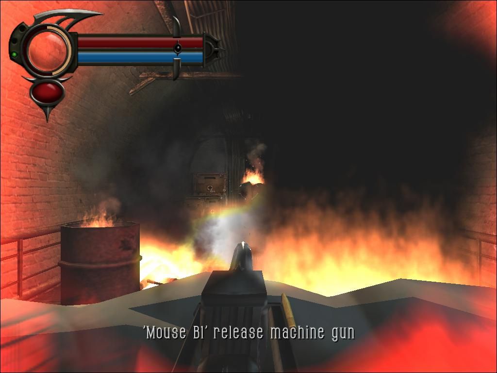 BloodRayne 2 (Windows) screenshot: Using mounted gun while hell breaks loose.