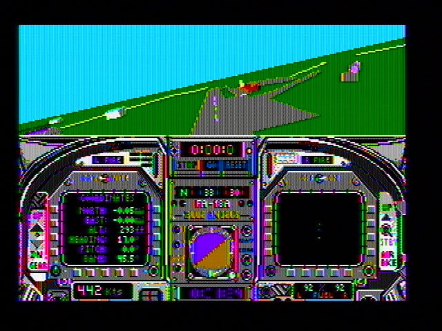 Blue Angels: Formation Flight Simulation (DOS) screenshot: Flying around a bit (CGA composite mode)