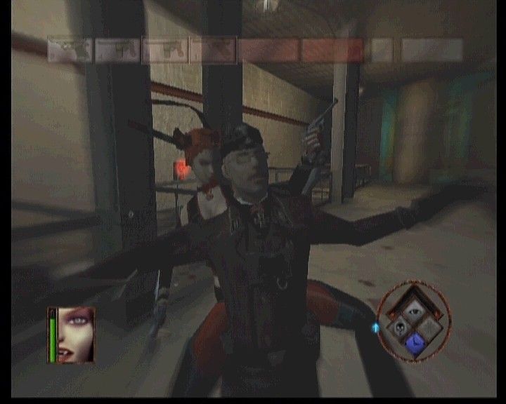 BloodRayne (Xbox) screenshot: Officers and special troops can fend off Rayne's lust for blood, hence you may only strike them from behind.