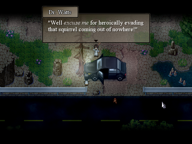 To the Moon (Windows) screenshot: As the scientists arrive at the house, crashing the car, the constant bantering begins.