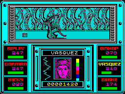 Aliens: The Computer Game (ZX Spectrum) screenshot: Encounter with the alien queen