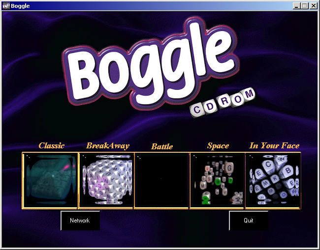 Boggle (Windows) screenshot: Main menu, 5 game styles