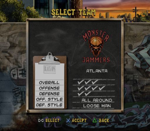 Street Hoops (PlayStation 2) screenshot: World Tournament: The team selection screen, the left/right arrow keys scroll through the available teams