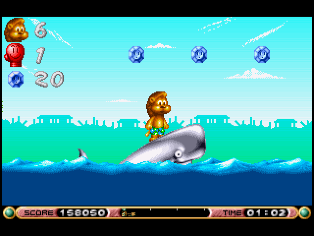Brian the Lion Starring In: Rumble in the Jungle (Amiga) screenshot: Riding a whale