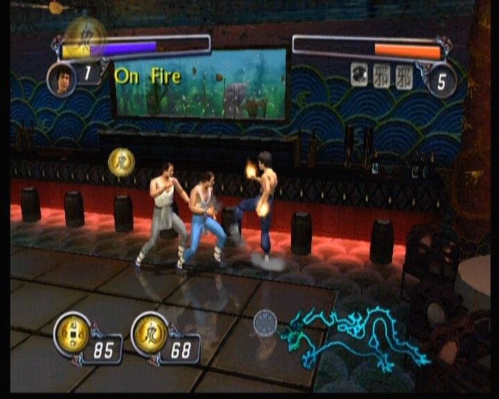 Bruce Lee: Quest of the Dragon (Xbox) screenshot: You can activate fire kicks (which are limited and you collect coins for them) to help you deal with tougher enemies