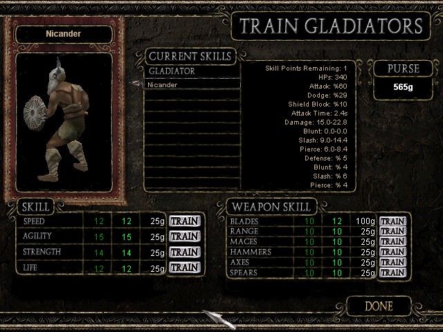 The Gladiators of Rome (Windows) screenshot: Between fights, gladiators can use skill points to upgrade their stats or skills