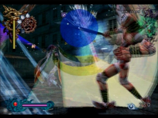 Bujingai: The Forsaken City (PlayStation 2) screenshot: If you ever get lost or wanna see if some enemy's behind your back, you can turn on the radar view (blue circle slightly above the screen center)