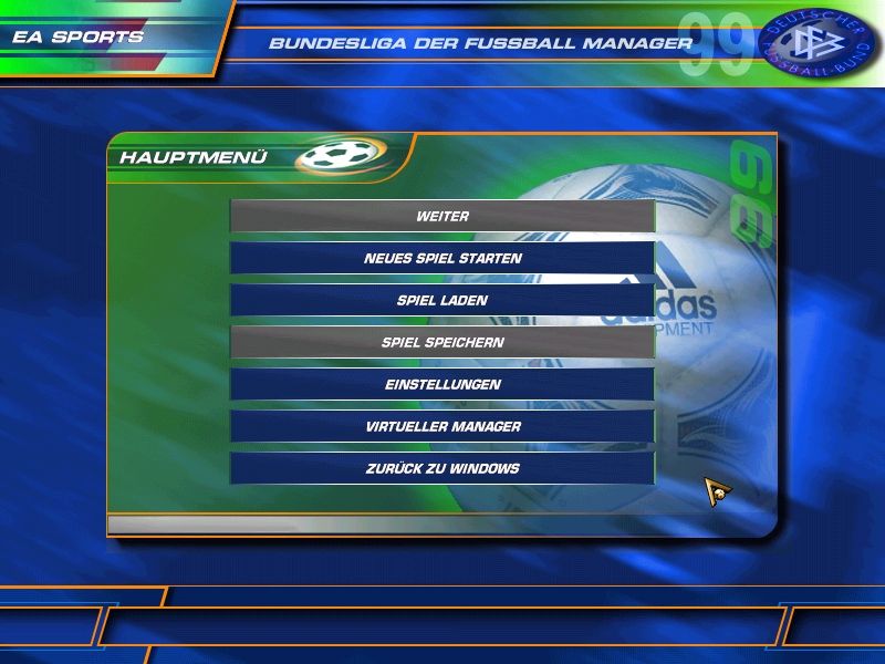 FA Premier League 99 (Windows) screenshot: Main menu