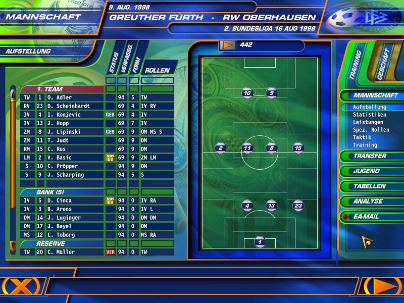 FA Premier League 99 (Windows) screenshot: Team tactics