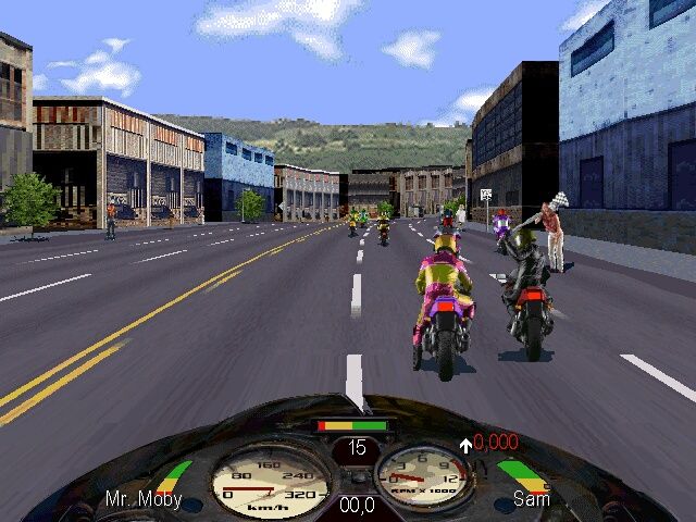 Road Rash (Windows) screenshot: Start of the race. Already someone is attempting to knock my head off