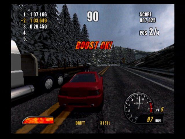 Burnout 2: Point of Impact (PlayStation 2) screenshot: A near miss on a snowy road.