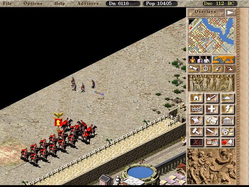 Caesar III (Windows) screenshot: Carthaginian Infantry attack your city...