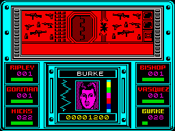 Aliens: The Computer Game (ZX Spectrum) screenshot: Refilled ammo in the armoury