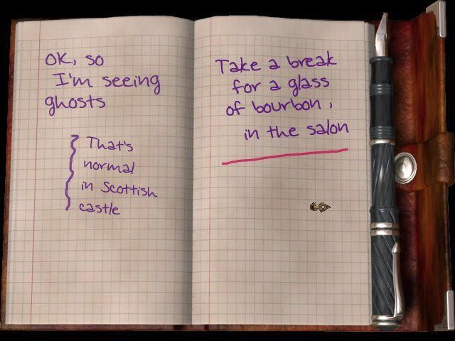 The Cameron Files: Secret at Loch Ness (Windows) screenshot: Look at his notebook when you get stuck.