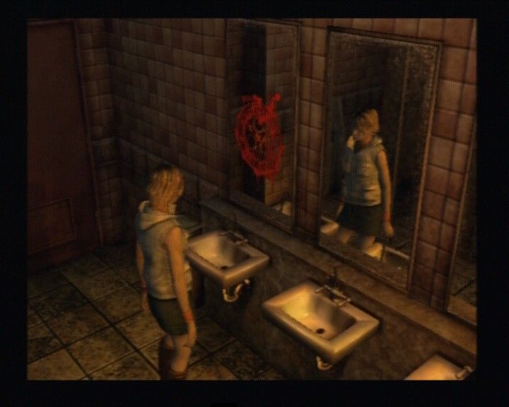 Silent Hill 3 (PlayStation 2) screenshot: The strange red symbols mark places where you can save your game status.