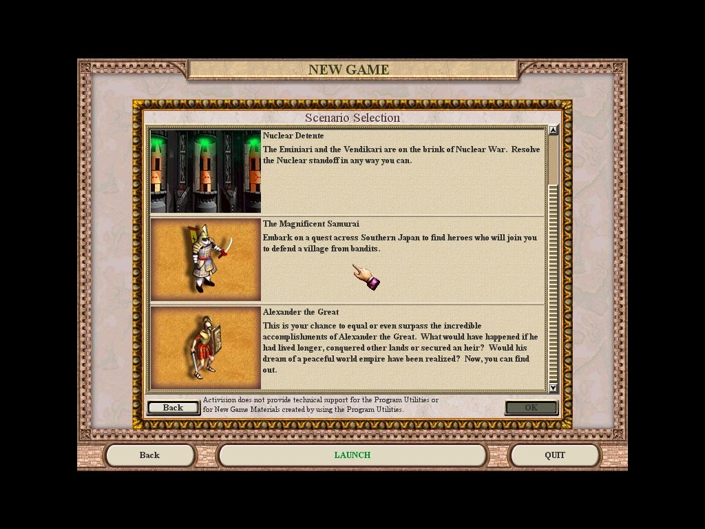 Call to Power II (Windows) screenshot: In addition to your standard 'conquer the world' game, you have the option to play some scenario games.