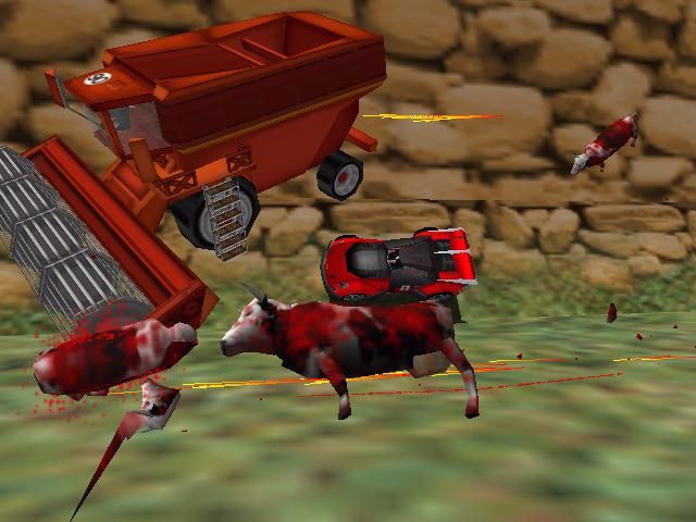 Carmageddon 2: Carpocalypse Now (Windows) screenshot: If you tire of people, there's also cattle and sheep to splat. (these can be turned off)