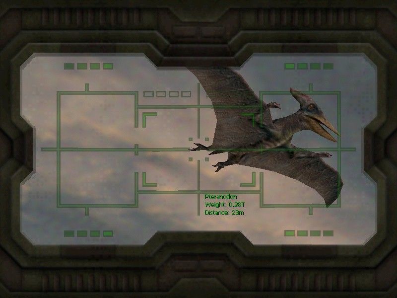 Carnivores 2 (Windows) screenshot: A harmless pteranadon seen through binos.