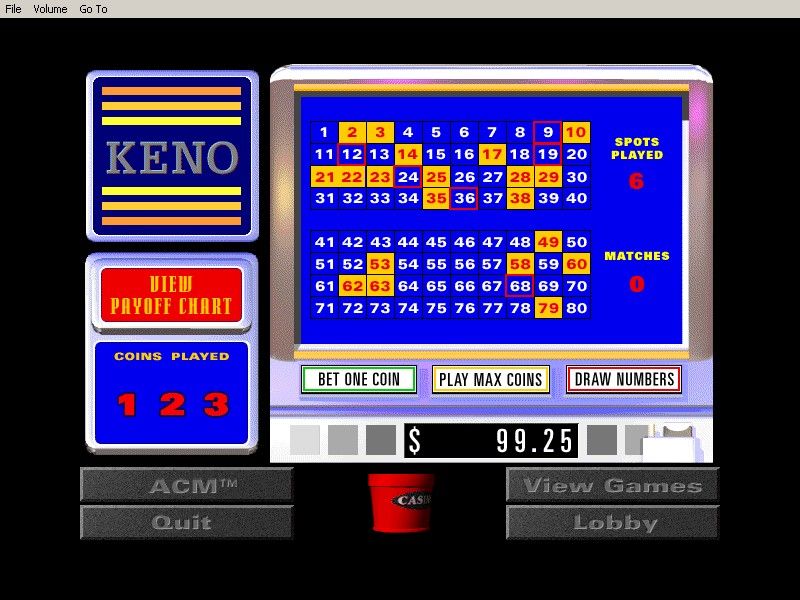 Casino! (Windows 16-bit) screenshot: As with real Keno, you have no chance of winning at video Keno.