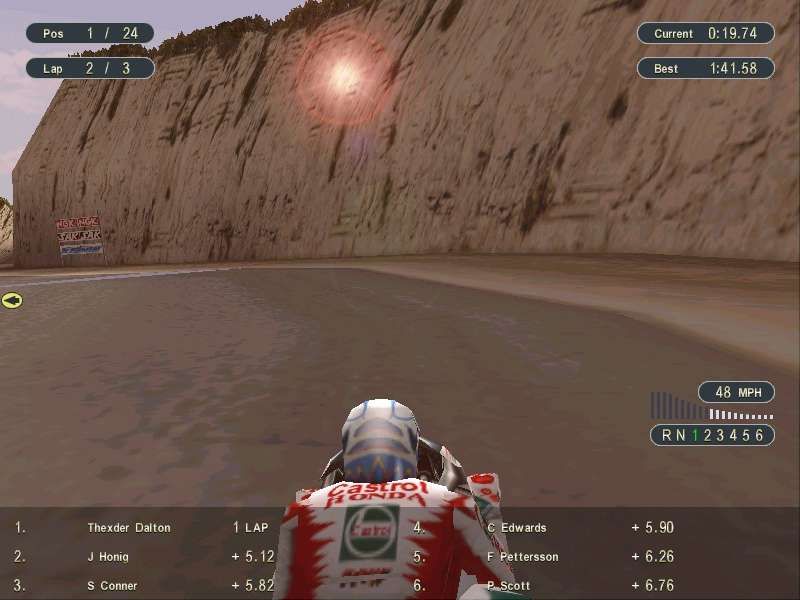 Castrol Honda Superbike 2000 (Windows) screenshot: I like lens flares... but *through* the mountain!?!