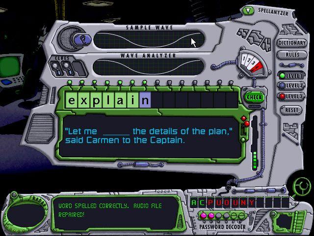 Carmen Sandiego: Word Detective (Windows) screenshot: The Spellanyzer is used to spell a word anew.