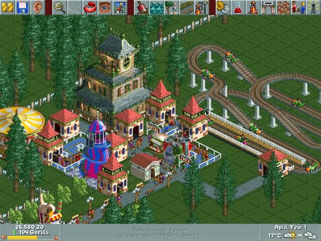 A blurry screenshot of RollerCoaster Tycoon World from the trailer