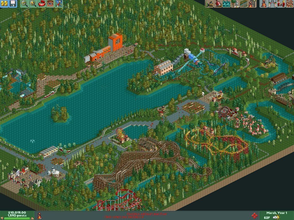 RollerCoaster Tycoon 2 (Windows) screenshot: This is one of the pre-designed Six Flags parks.