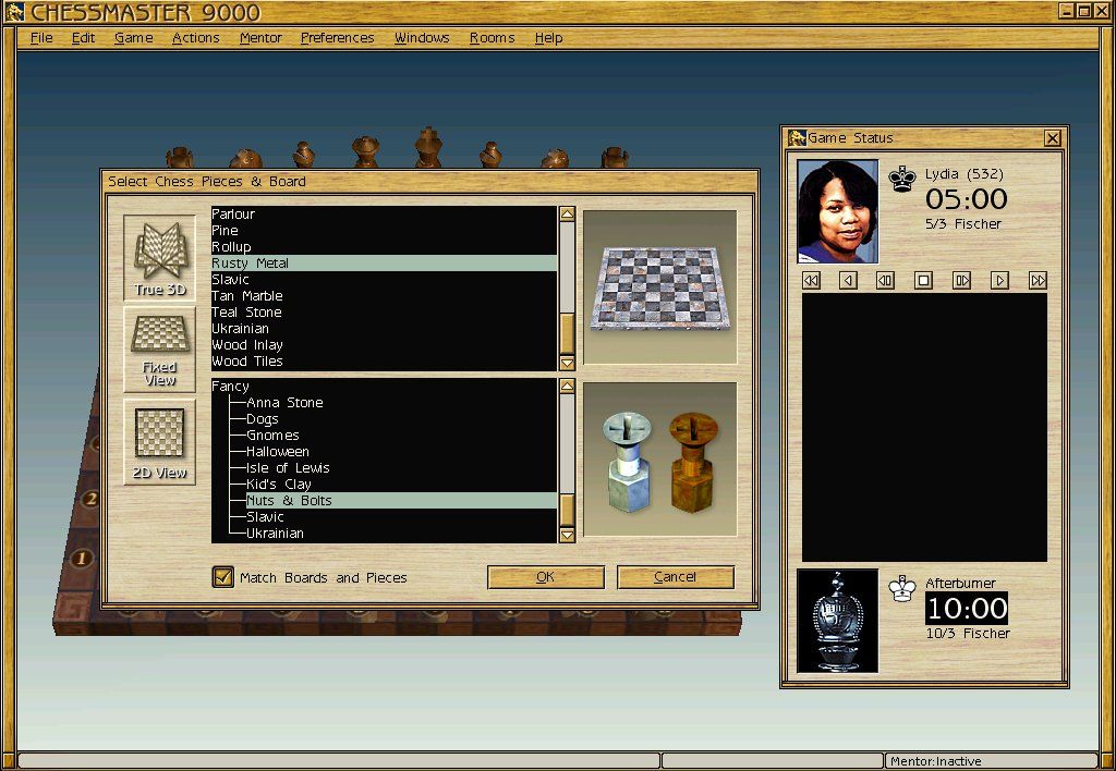 Chessmaster 9000 (Windows) screenshot: You can select from a few dozen different graphics for both the board and the pieces