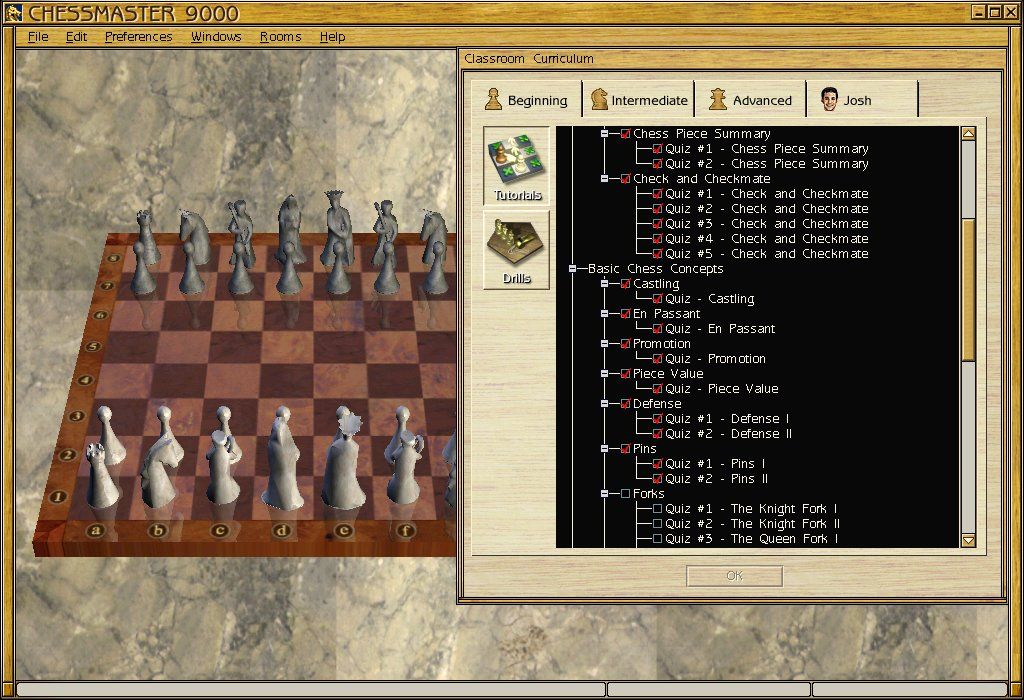 Chessmaster 9000 (Windows) screenshot: Are you a complete chess n00b? The Chessmaster will help you learn the basics.