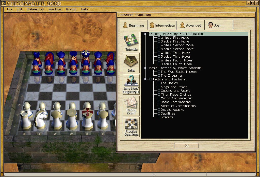 Chessmaster 9000 (Windows) screenshot: If you're moderately skilled at chess, the Chessmaster offers lessons, drills, and other activities to help you improve your game.