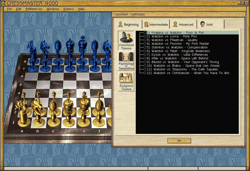 Chessmaster 9000 (Windows) screenshot: International Grandmaster Josh Waitzkin offers some in-depth analysis for truly advanced students of chess.