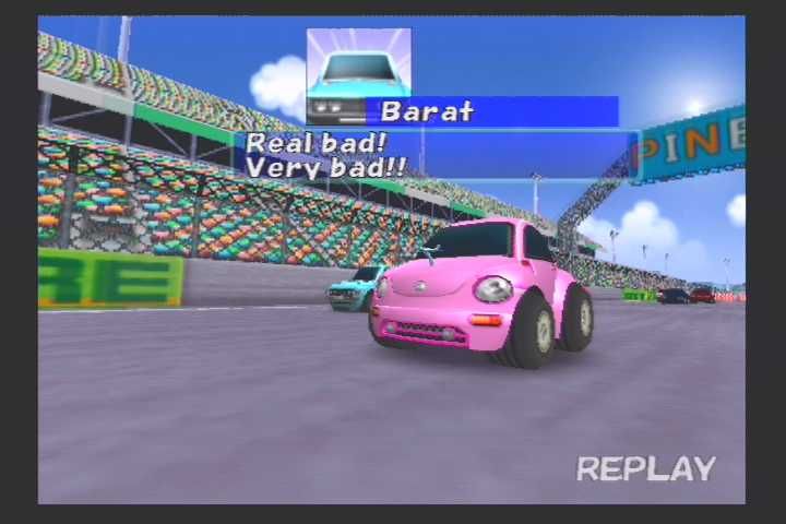 Choro Q (PlayStation 2) screenshot: Shot from the replay. During the race, some racers will talk to you as you pass them / get passed by them.