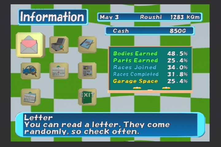Choro Q (PlayStation 2) screenshot: In game information screen where you can quickly access your race calender (see what's going on in that month), check your stats, read the paper, kill time, and read the mail that you've been getting