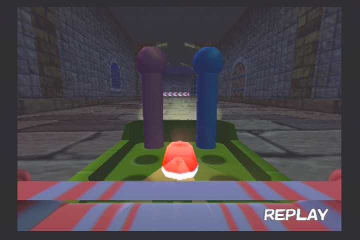 Choro Q (PlayStation 2) screenshot: Shot of "The Game of Life" racing through a castle. With the large array of parts available to customize your ChoroQ, it's sometimes easy to get out of hand. For instance, I felt the need to install a