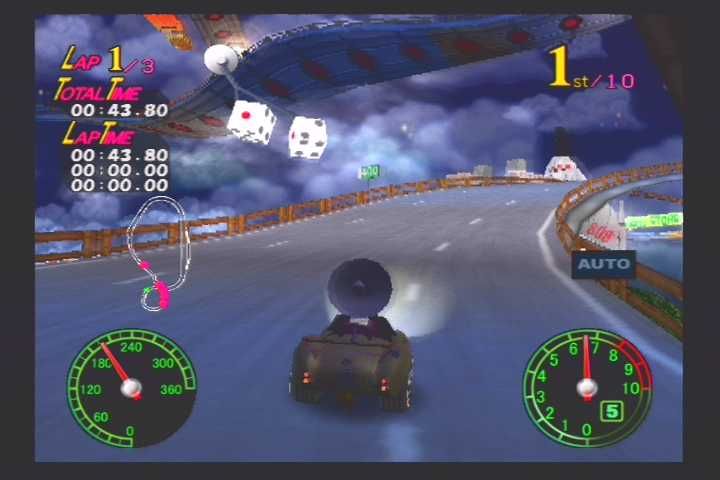 Choro Q (PlayStation 2) screenshot: Racing through a track in the sky