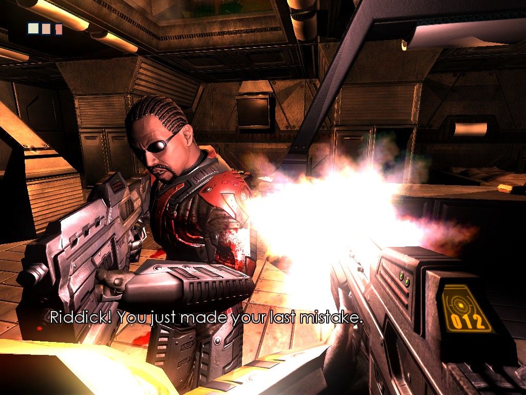 The Chronicles of Riddick: Escape from Butcher Bay (Windows) screenshot: Riddick gets into a shootout with Abbott. Abbott's smarter, quicker, and tougher than any of the other guards, but still goes down after a reasonable amount of lead.