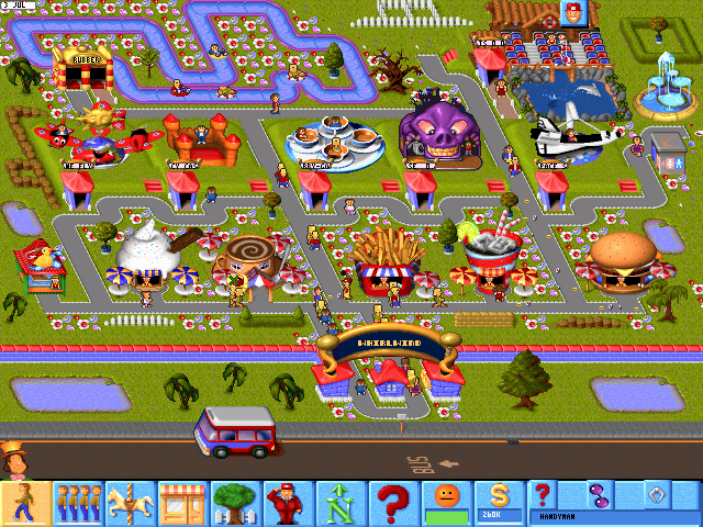 Theme Park (DOS) screenshot: New batch of children just arrived with Bus
