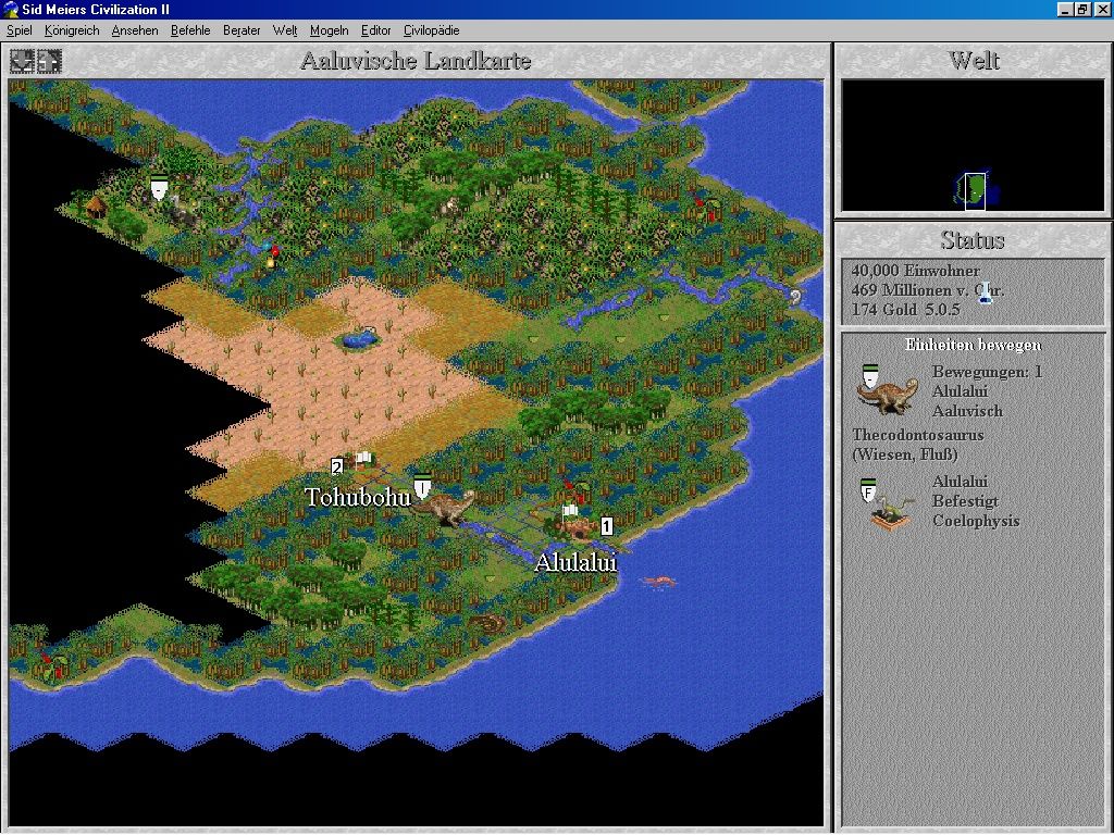 Civilization II: Fantastic Worlds (Windows 16-bit) screenshot: Dinosaur scenario (main map)