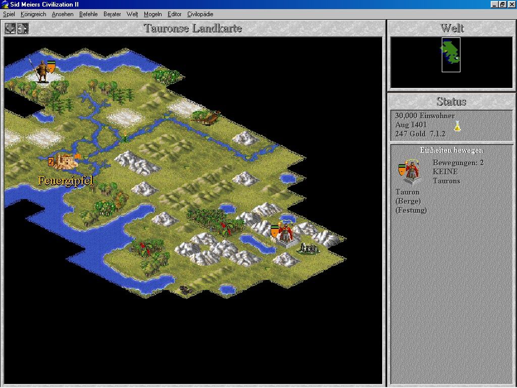 Civilization II: Fantastic Worlds (Windows 16-bit) screenshot: Master of Magic scenario (main map)