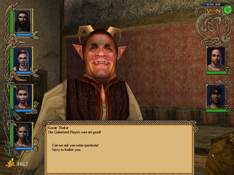 Might and Magic IX (Windows) screenshot: A NPC in a bar. The orcs always have problems with the grammar...