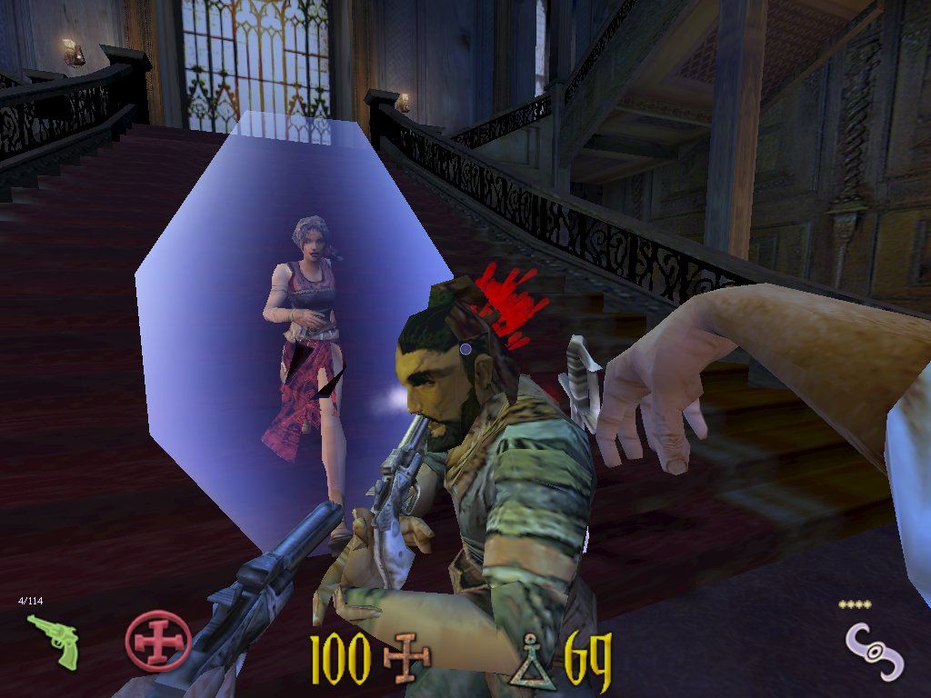 Clive Barker's Undying (Windows) screenshot: The invoke spell compells one of Ambrose's Tsranti minions to reluctantly eat the mean end of his own revolver.