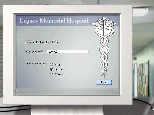Code Blue (Windows) screenshot: Logging into Legacy Memorial hospital.