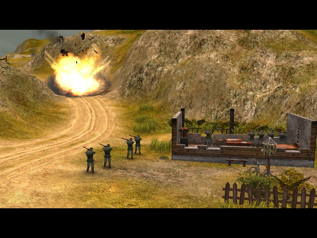 Codename: Panzers - Phase One (Windows) screenshot: Blasting a Soviet tank in a tutorial mission (during ingame cinematics game goes widescreen)