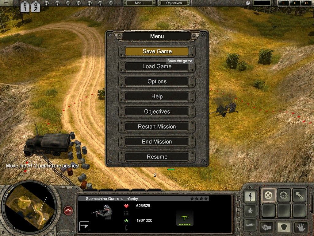 Codename: Panzers - Phase One (Windows) screenshot: Calling an in-game menu with a mouse click or an ESC key