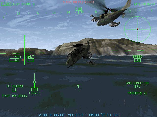 Comanche 3 (DOS) screenshot: Thick dogfight with my wingman and enemy Havoc after failing my escort