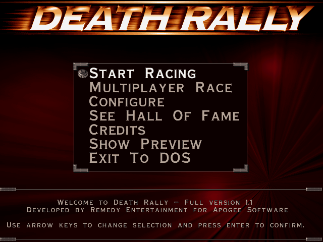 Death Rally (DOS) screenshot: Main menu
