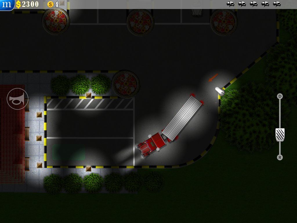 Parking Mania (iPad) screenshot: Approaching a store's loading bay with a big rig and a refrigerator trailer in a nighttime level.