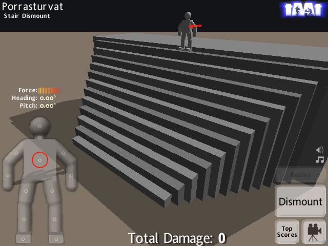 Porrasturvat: Stair Dismount (Windows) screenshot: Select which body part you to push. The other parameters are show in the bottom left corner as well.
